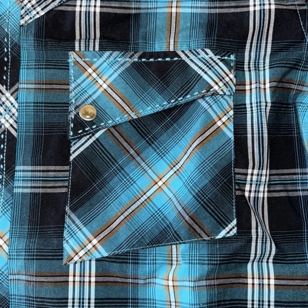 Wrangler Mens Medium Retro Inspired Blue Plaid Short Sleeve Shirt - Picture 3 of 5